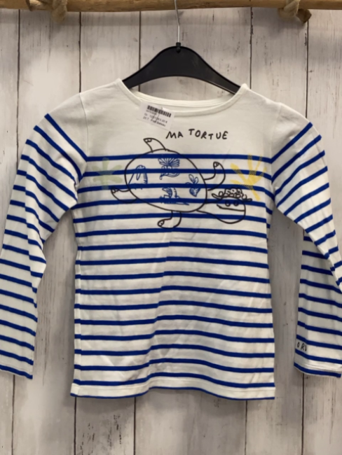 Petit Bateau  Langarmshirt  Gr. 122/128  weiß blaue Streifen Schildkröte Schrift 