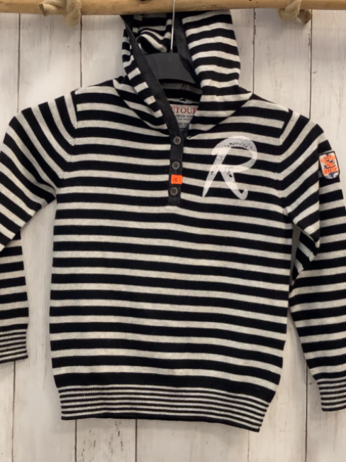 Retour Pullover  Gr. 122/128  schwarz hellgraue Streifen Strick kapuze 