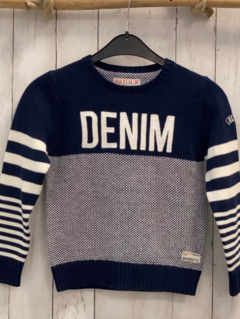 Retour Pullover  Gr. 122/128  blau + blau weiß gemustert + weiße Streifen + weiße Schrift Strick 