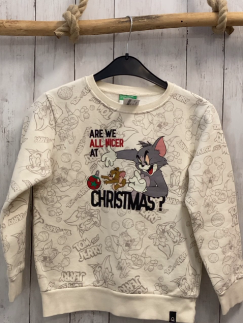 Benetton  Pullover  Gr. 134  creme Tom & Jerry Weihnachtsmotiv 