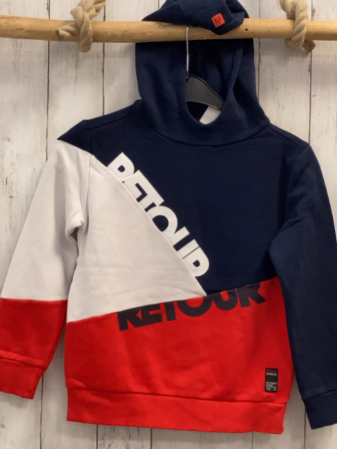 Retour  Pullover  Gr. 122/128  blau rot weiß mit Kapuze + weißer Schrift 