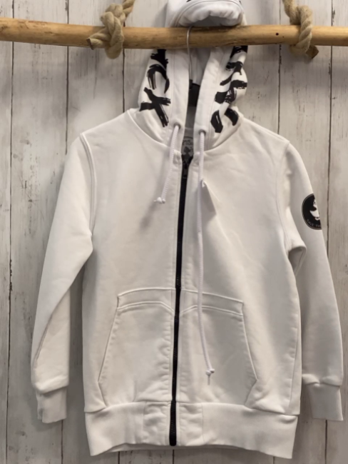 Save The Duck  Sweatjacke  Gr. 128  weiß Kapuze Schrift schwarzer Reißverschluss 