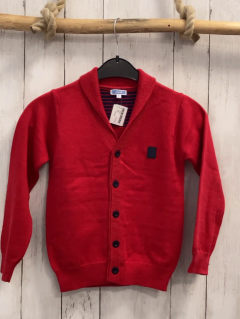 Jacadi  Strickjacke  Gr. 122  rot dunkelblaue Knöpfe 