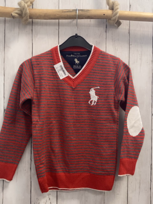 Ralph Lauren  Pullover  Gr. 122  rot graue Streifen Strick weißer Bund 