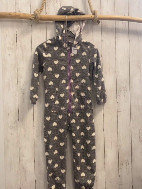   Overall  Gr. 110  grau Fleece weiße Herzen Kapuze flieder Reißverschluss 