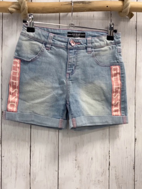 Guess  Shorts  Gr. 152  blau Jeans altrosa Glitzerband mit Schrift rosa Nähten Bund verstellbar 