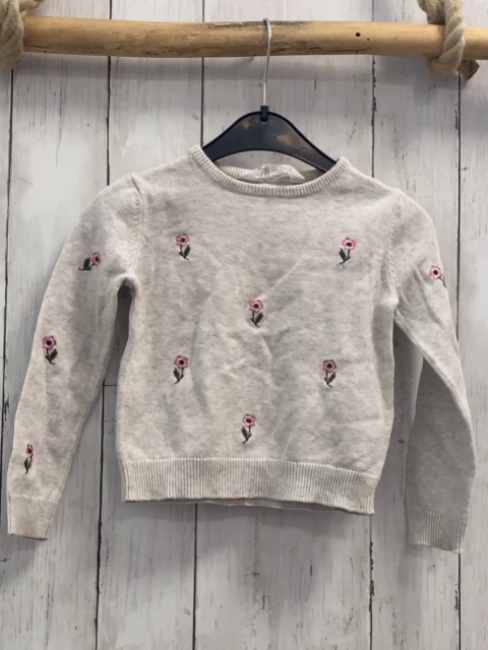 H&M  Pullover  Gr. 98  hellgrau Strick gestickte Blumen 