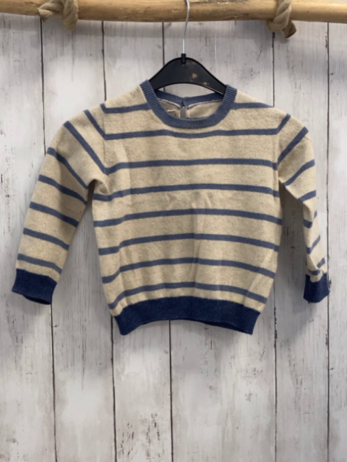 Kuxo  Pullover  Gr. 92  beige lila Streifen blauer Bund 70 %Wolle 30 % Cashmere