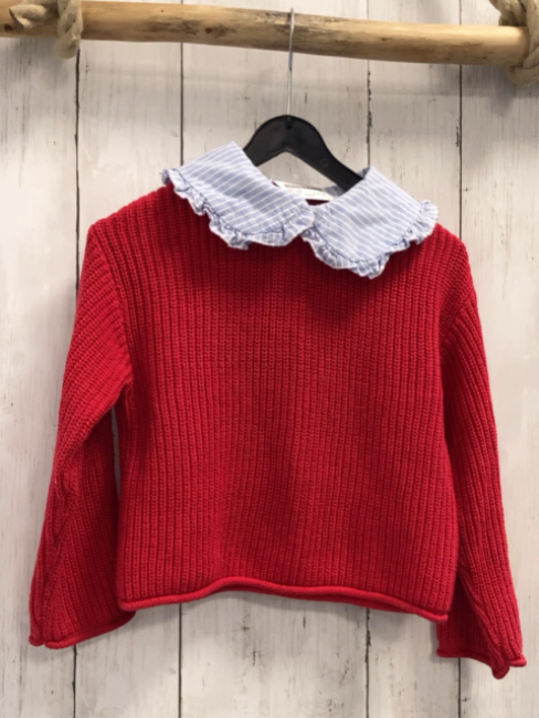 Zara  Pullover  Gr. 98  rot Strick hellblau weiß gestrefter Blusenkragen 