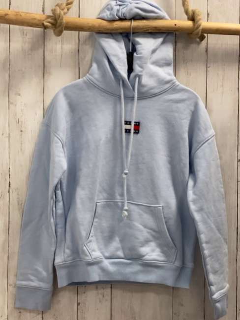 Tommy Hilfiger  Pullover  Gr. 152  hellblau Kapuze Bauchtasche vorne Fleck