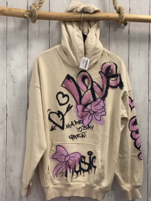 H&M  Pullover  Gr. 146/152  beige Kapuze rosa graue Schleife Schrift 