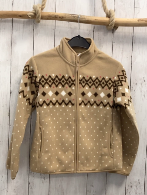 Uniqulo  Fleecejacke  Gr. 140  sand braun weiß beere Punkte Rauten und Zackenstreifen