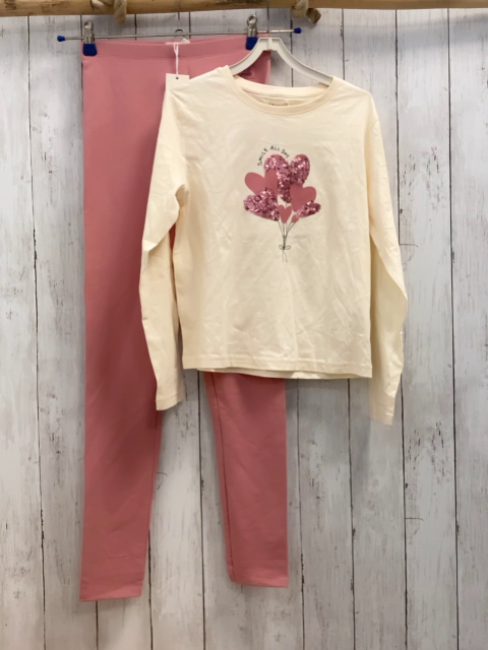 neu 2tlg Sfera  Langarmshirt + Leggings  Gr. 146/152  creme altrosa Herzen mit Pailetten + altrosa 