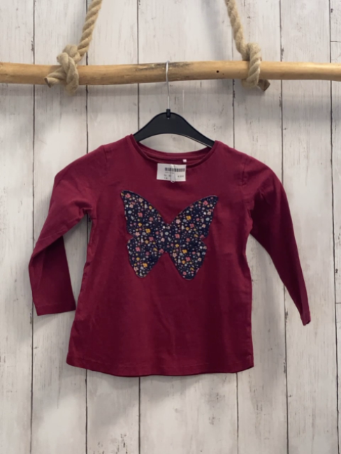   Langarmshirt  Gr. 98  weinrot blauer Schmetterling mit Blumen 