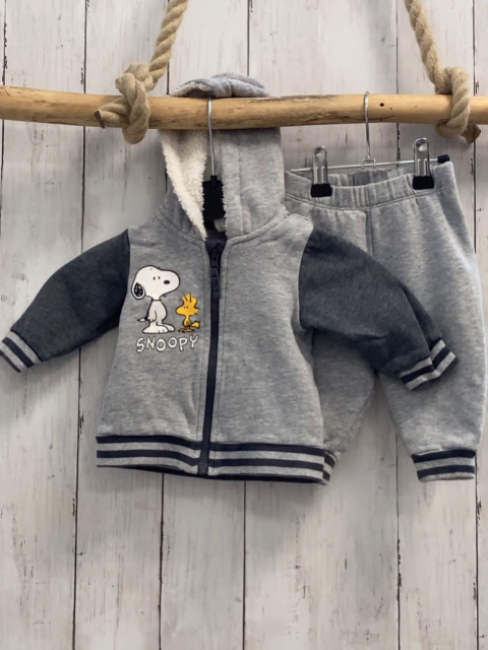 2tlg H&M  Sweatjacke + Jogginghose Gr. 62  hellgrau graue Streifen Snoopy Kapuze mit Teddyfutter 