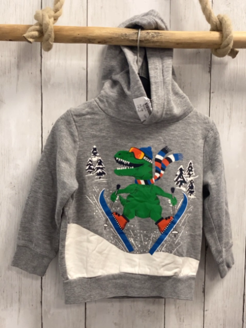   Pullover  Gr. 104  grau Kapuze Dino auf Skiern 