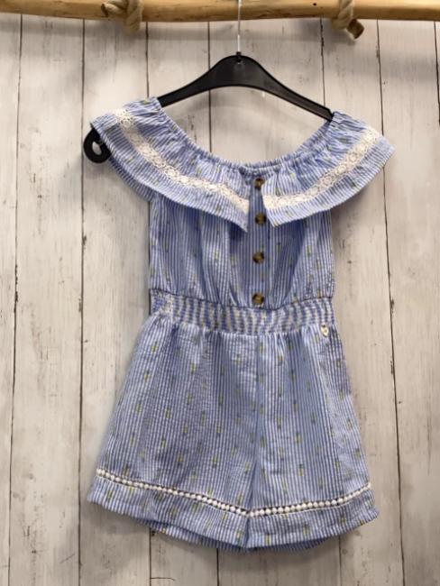   Playsuit  Gr. 128  hellblau weiße Streifen Zitronen großer Kragen mit weißem Band 