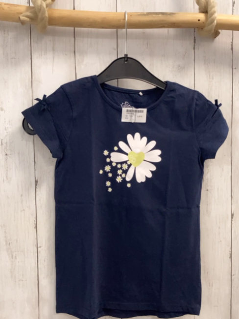   T-Shirt  Gr. 128  blau Blume mit Glitzerherz 