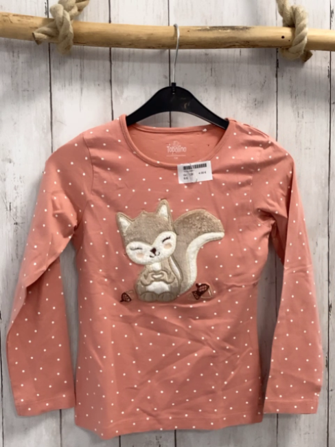   Langarmshirt Gr. 128  lachs weiße Punkte Plüscheichhörnchen 