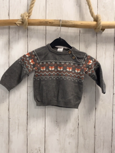   Pullover  Gr. 74  grau Strick orange weißes Muster mit Fuchsköpfen + Rauten 