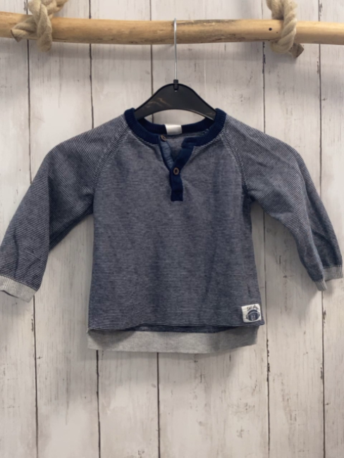 H&M Pullover  Gr. 80  blau hellgraue Streifen Knopfleiste hellgrauer Bund Strick