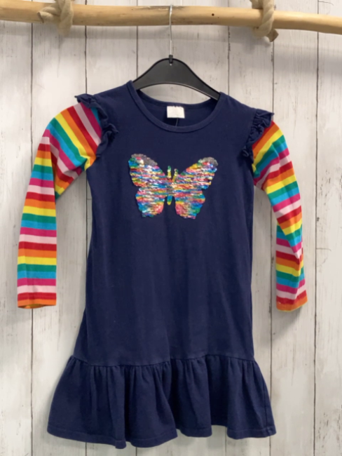   Kleid  Gr. 122  blau Pailettenschmetterling bunt gestreifte Ärmel 