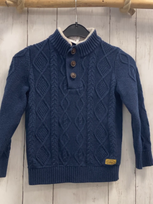   Pullover  Gr. 116  blau Strick Zöpfe Knopfleiste weißes Plüschfutter am Kragen 