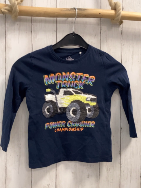   Langarmshirt  Gr. 110  blau Pailettenauto bunte Schrift 