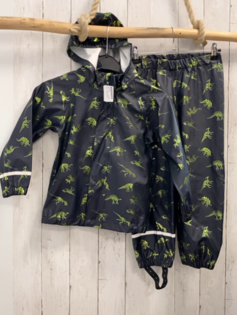 2tlg Name it  Regenanzug  Gr. 110  blau gummiert hellgrüne glänzede Dinos 