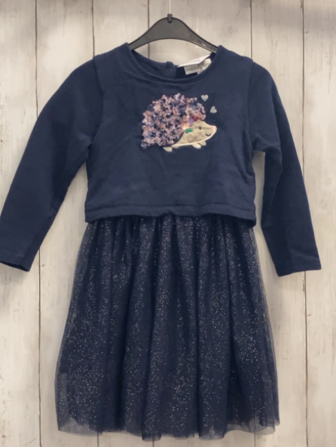 Happy Girls  Kleid  Gr. 116  blaues Oberteil mit Igel mit bunten Rosetten blauer Tüllüberrock mit silber Glitzerpunkten 