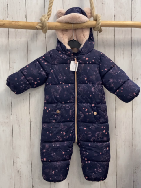 Next  Winteroverall Gr. 74  dunkelblau rosa Sterne + Tiere Kapuze mit Plüschbund + -ohren 