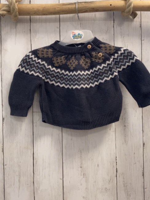 Müsli  Pullover  Gr. 62  grau + weiß hellgrau braunes Muster mit Rauten Strick 