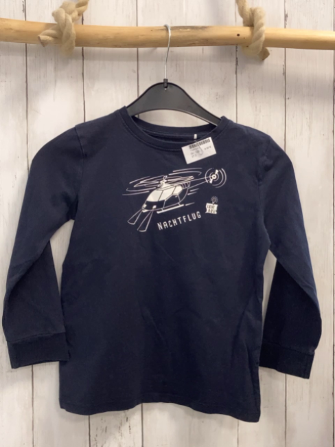   Langarmshirt  Gr. 122  blau weißer Hubschrauber weiße Schrift 