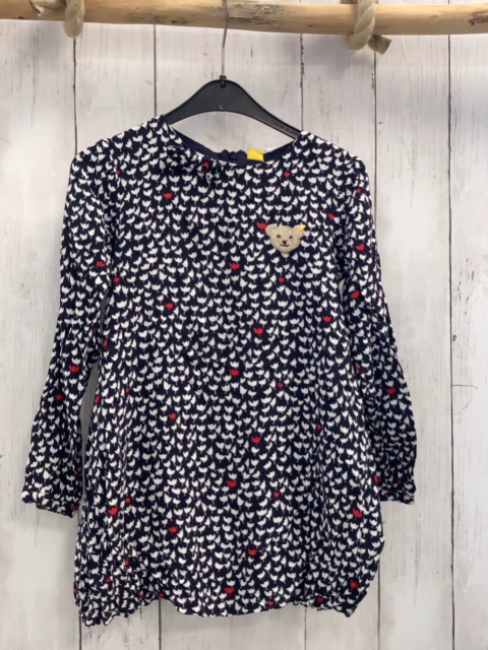 Steiff  Kleid  Gr. 110  dunkelblau weiß rote Tulpen Plüschbärenkopf 