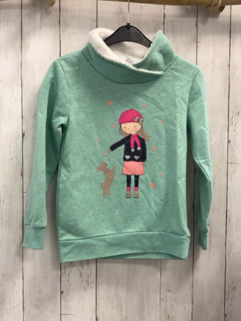  Pullover  Gr. 128  mint großer Kragen mit weißem Plüschfutter Mädchen mit Hund 