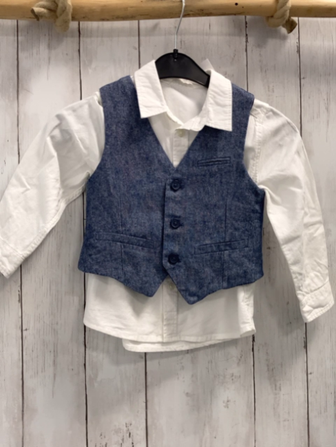 2tlg H&M Hemd + Weste  Gr. 98  weiß + blau hellblau meliert 