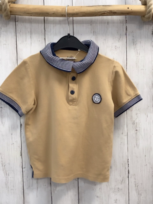  T-Shirt Gr. 110  beige blau weiß gestreifter Bund + Kragen