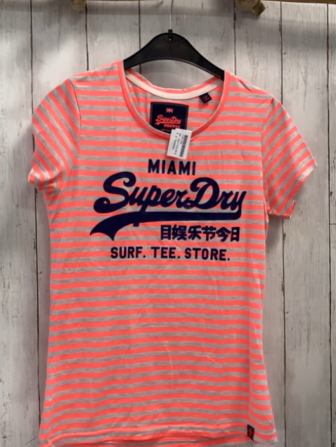 Superdry  T-Shirt  Gr. 164/170  neonrot hellgraue Streifen dunkelblaue Schrift  