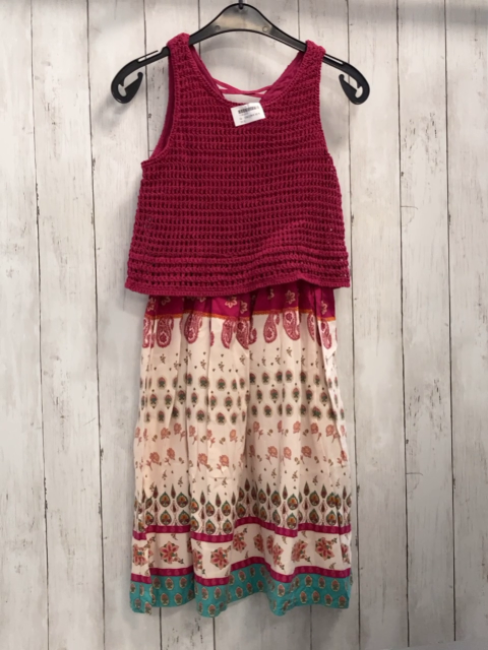   Kleid  Gr. 158/164  weinrotes Oberteil mit Häkelei beige Rock mit Blumen + Ornamentdruck 