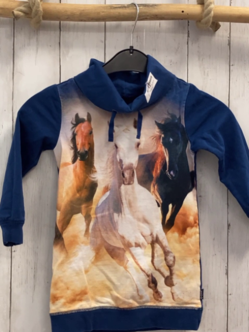 Jako-o  Kleid  Gr. 92  blau beige Bild mit Pferden großer Kragen 