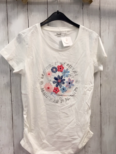 neu  T-Shirt Gr. 158/164  weiß Blumen Schrift mit Pailetten 