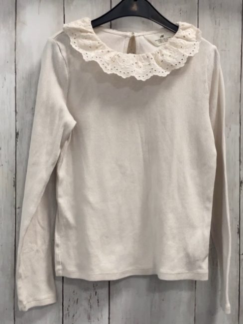 H&M Langarmshirt Gr. 134  weiß Rippen Blusenkragen mit Lochstickerei 