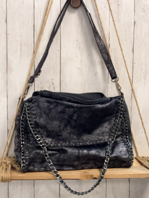 Paolo Bags  Tasche  grau silber gemustert Rand + Griffe mit silber Kette Breite ca. 39 cm Höhe ca. 40 cm