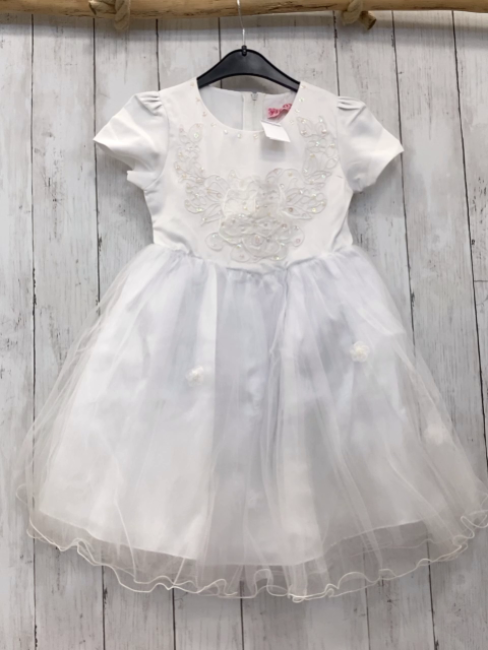 neu  Kleid  Gr. 122  weißes Oberteil mit Blumenstickerei + Pailetten 3 lagiger Tüllüberrock mit Rosetten 