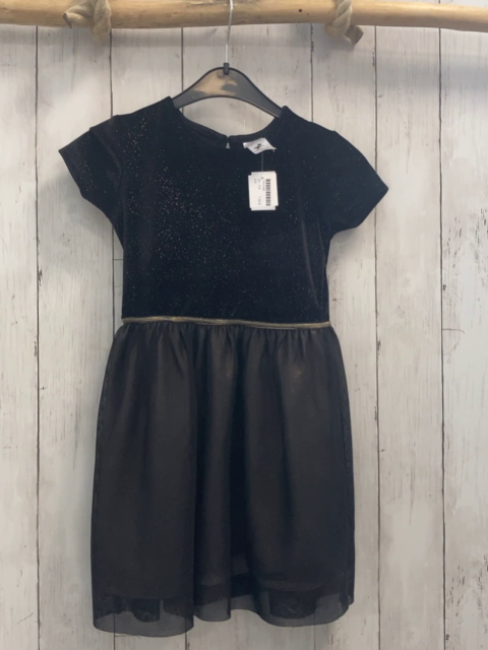   Kleid  Gr. 110  schwarz Samt silber Gliterzpunkte + Tüllüberrock mit goldenen Glitzerpunkten 