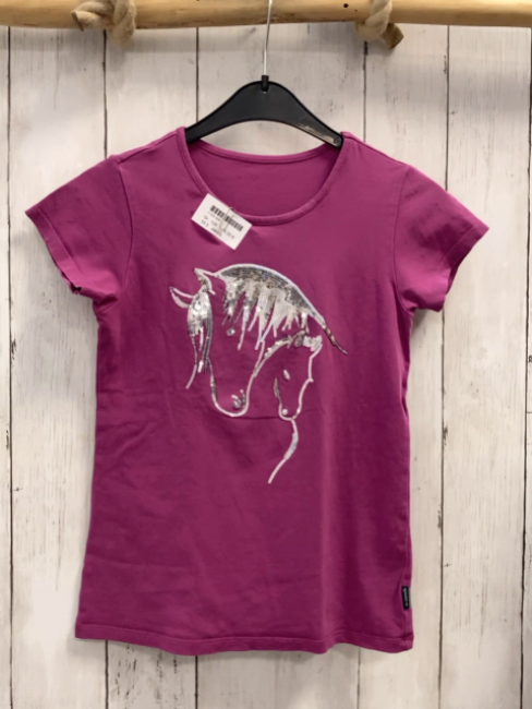 Jako-o  T-Shirt  Gr. 128  pflaume Pferdekopf aus silber Pailetten 