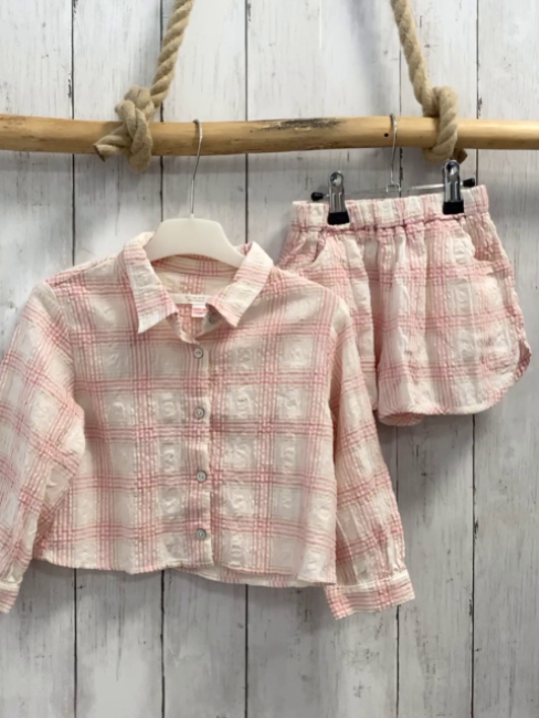 2tlg Zara  Bluse + Shorts  Gr. 104  weiß rosa ocker kariert 