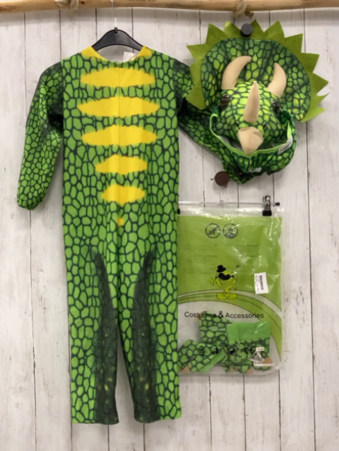 4tlg  Karnevalkostüm Gr. 110  hellgrün grau Dino Overall Mütze Handschuhe Stulpen 