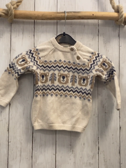   Pullover  Gr. 80  beige + hellblau sand blaues Muster mit Bärenköpfen Strick 