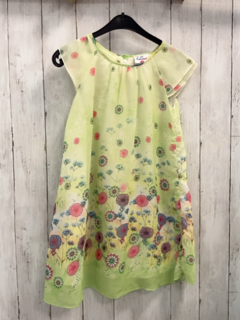   Kleid  Gr. 128  hellgrün transparentes Überkleid mit bunten Blumen + Kreisen